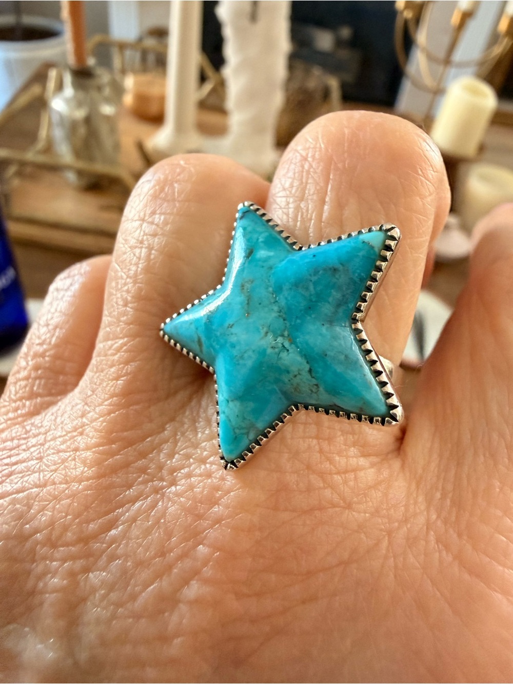 Genuine Arizona Turquoise Star sterling silver Statement Ring - Women Jewelry